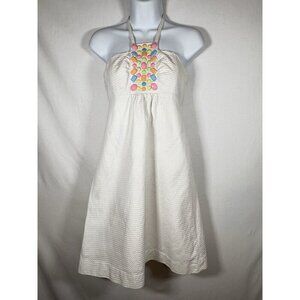 LILLY PULITZER White Jacquard Halter Dress Beaded Apron Size 2 Summer Preppy